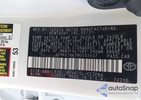 2021 Toyota Camry Xse из США, поврежденный, VIN 4T1K61AK7MU592407